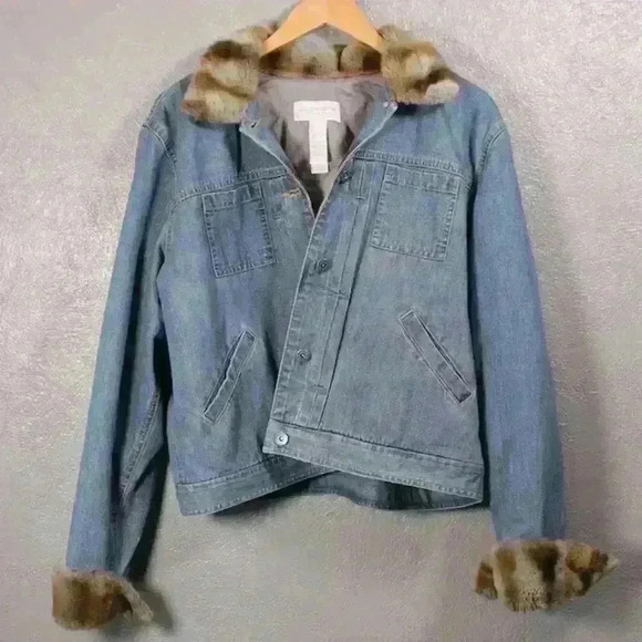 VINTAGE 90s Liz Claiborne Jean Faux Fur Cuff Collar Chore Trucker Coat Women XL - Picture 16 of 16